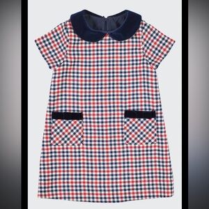 FLORENCE EISEMAN Girl's Houndstooth Collared Dress Velvet Trim 7 navy white blue